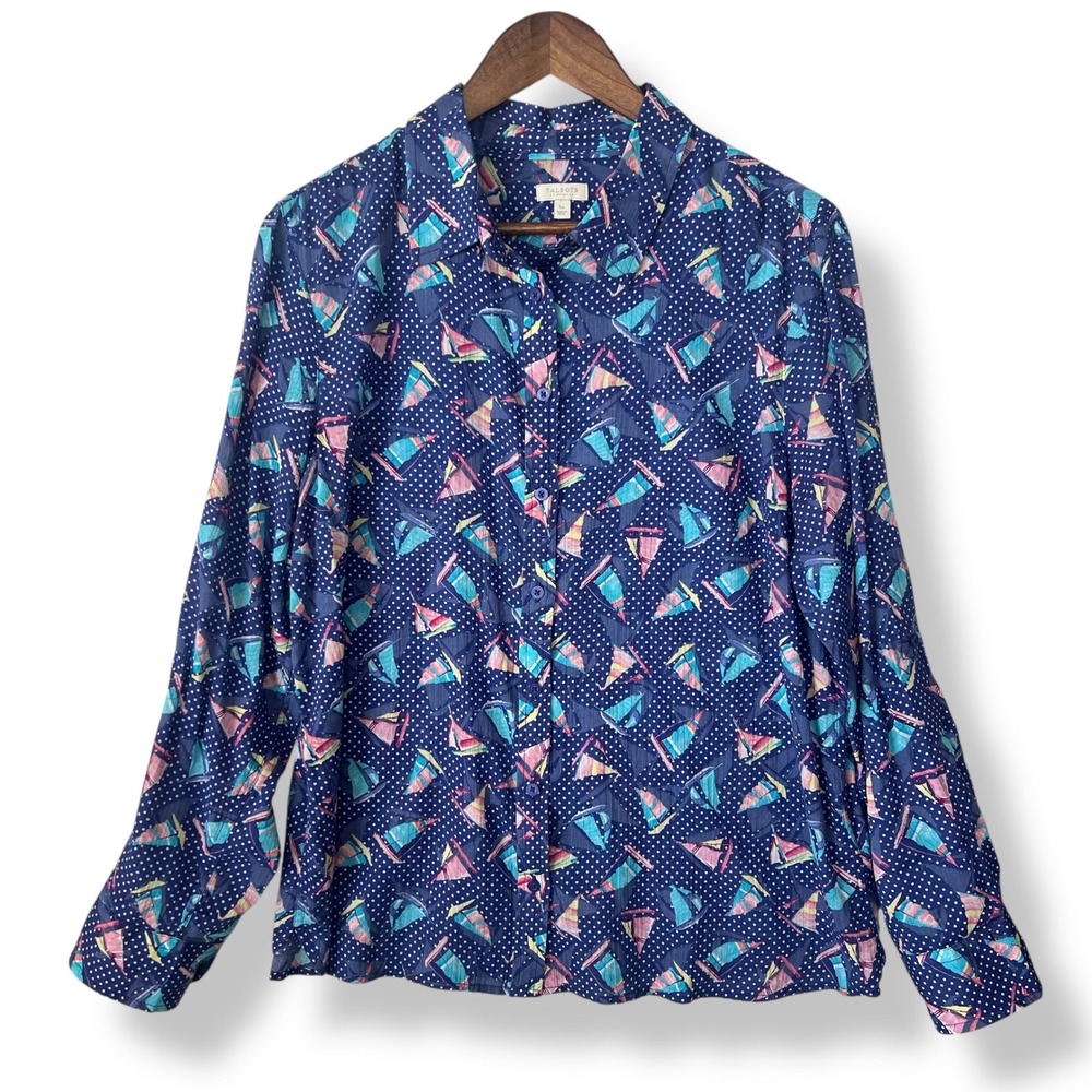 Talbots Petites LP Blue Sailboat Polka Dot 100% Cotton Button Up Shirt‎ Blouse